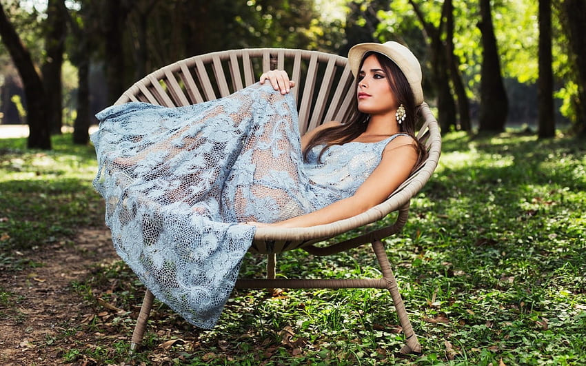 Girl lies in an Armchair, model, trees, armchair, girl, forest, hat HD wallpaper
