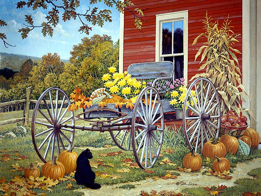 John Sloane. Season's finale, john sloane, painting, art, house, pumpkin, cat, tree HD wallpaper