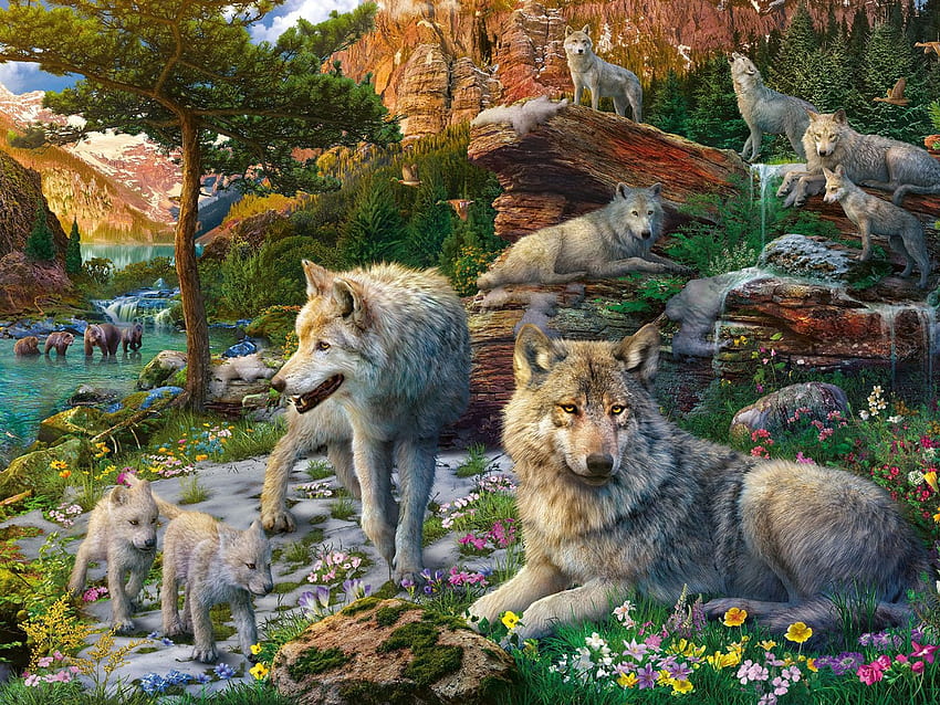 Wolf Wilderness, niedźwiedzie, dzieła sztuki, wilki, rodzina, malarstwo, szczenięta, drzewa, wataha wilków, kwiaty Tapeta HD