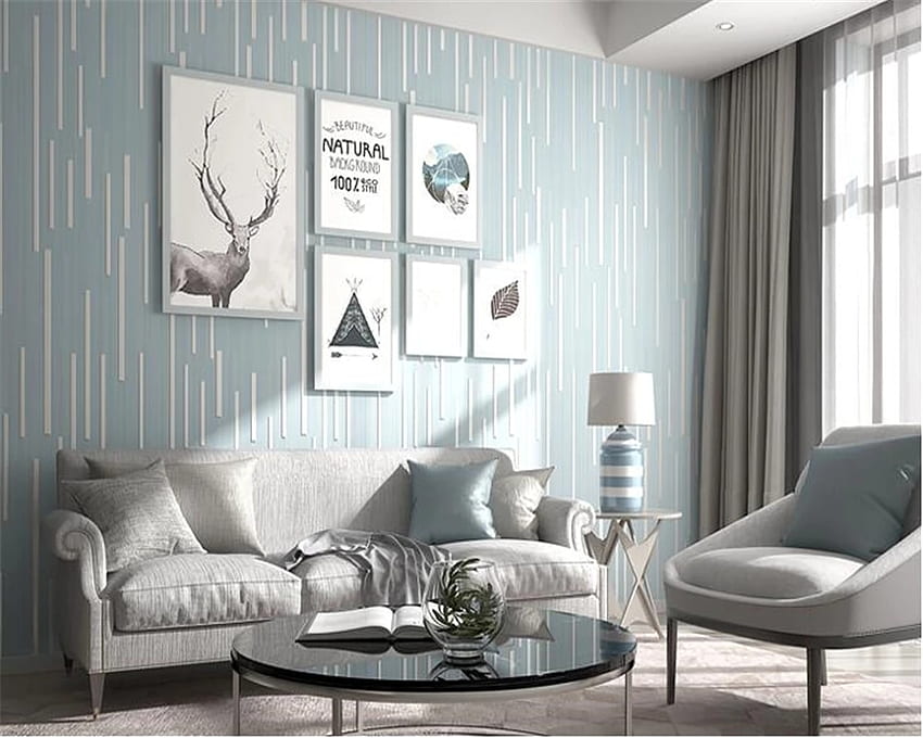 Beibehang Moderne Mode im europäischen Stil Einfache vertikale Linie Wohnzimmerhintergrund für Wände 3 d. rollen. tvhellblaue und braune Bettwäsche HD-Hintergrundbild
