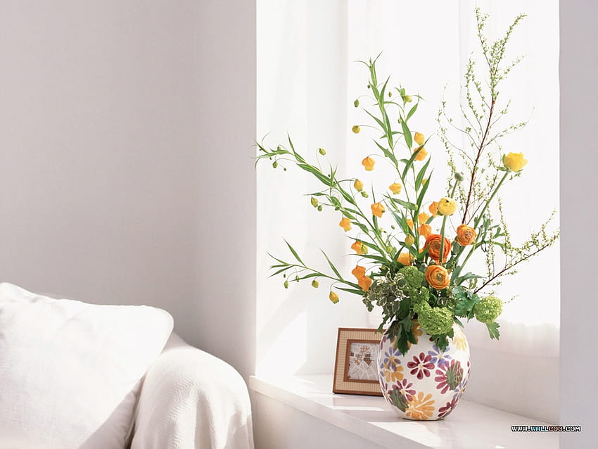 Floral Brights, стол, бяло, стая, прозорец, цветя, ваза, перваз, див, пролет, , ярки, цветя, изящество, слънце HD тапет