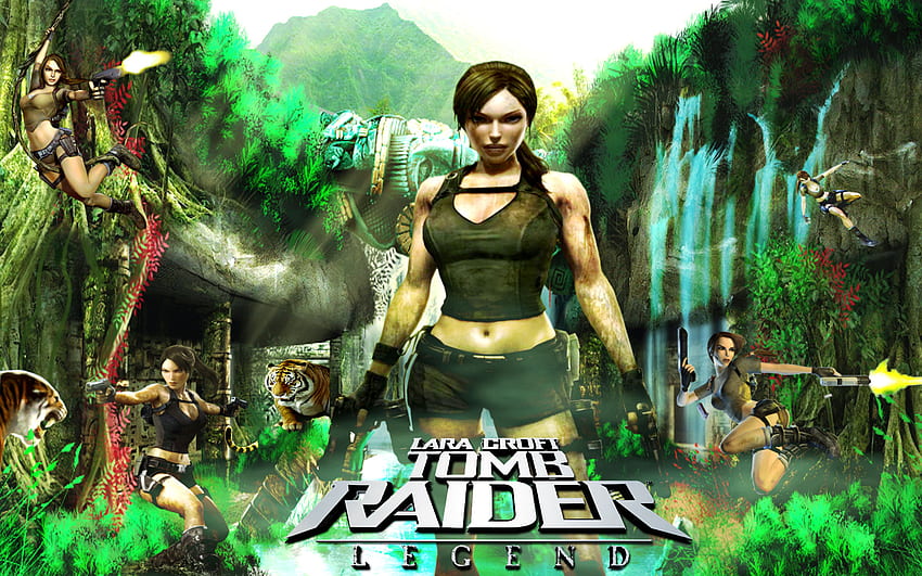 Lara Croft, shoot, tiger, croft, tomb raider, spring, lara, rock, mountian, water fall HD wallpaper