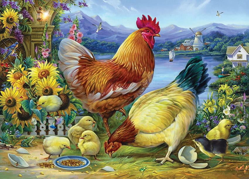 Rooster Walk, flowers, hen, rooster, artwork, painting, chicks HD wallpaper