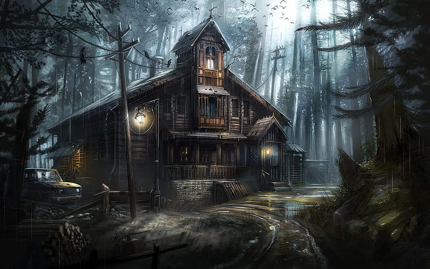 Forêt sombre, corbeaux, maison hantée, horreur - Manoir hanté dans la forêt - - Fond d'écran HD