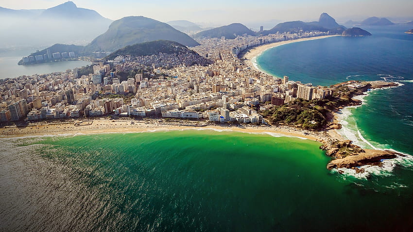 街並み、リオデジャネイロ、大西洋、山、コパカバーナ、ブラジル、空、ビーチ。 モカ 高画質の壁紙