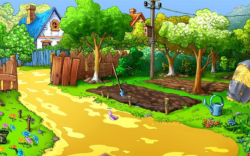 CARTOON-FARM-HINTERGRUND, Cartoon-Dorf HD-Hintergrundbild