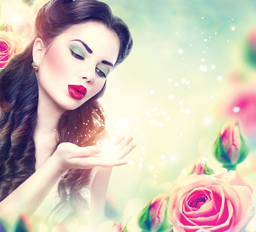 Kecantikan, mawar, merah muda, model, bunga, gadis, anna subbotina, wanita, tangan Wallpaper HD