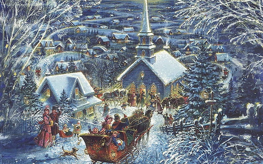 크리스마스 저녁, 푸른, 겨울, 동물, 하얀, 말, 미술, 사람들, 교회에, 나무, , 눈, 크리스마스, 저녁 HD 월페이퍼