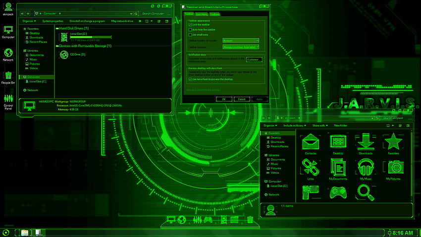 Jarvis Green SkinPack - Thème du pack de skins pour Windows 10, Jarvis PC Fond d'écran HD
