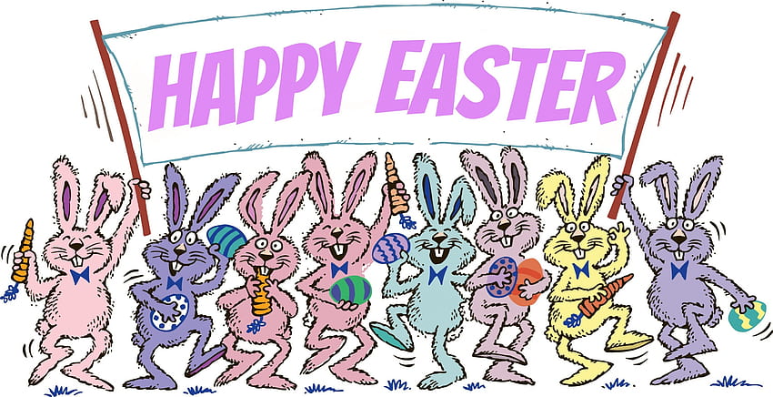 Happy Easter!, bunnies, happy easter, rabbits, carrots, eggs, holiday, sign, easter eggs, easter HD wallpaper