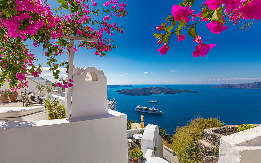 Oia, Santorini, Thira, Ege Denizi, yolcu gemisi, beyaz evler, romantik ada, yunan tatil yeri, adalar, Yunanistan için çözümle. Yüksek kalite HD duvar kağıdı