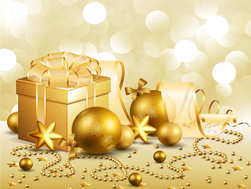 Коледни топки, графика, звезди, подарък, злато, красота, Коледа, празник, перли, вълшебна Коледа, нова година, лък, златно, весела Коледа, магия, панделка, подаръци, топки, красива, честита нова година, звезда, кутия, красива, коледна, бална, прекрасна HD тапет