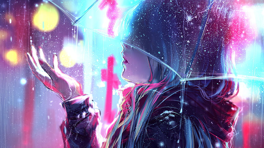 ของหญิงสาว, ฝน, ร่ม, พื้นหลัง Yuumei - Anime Girl Neon Lights วอลล์เปเปอร์ HD