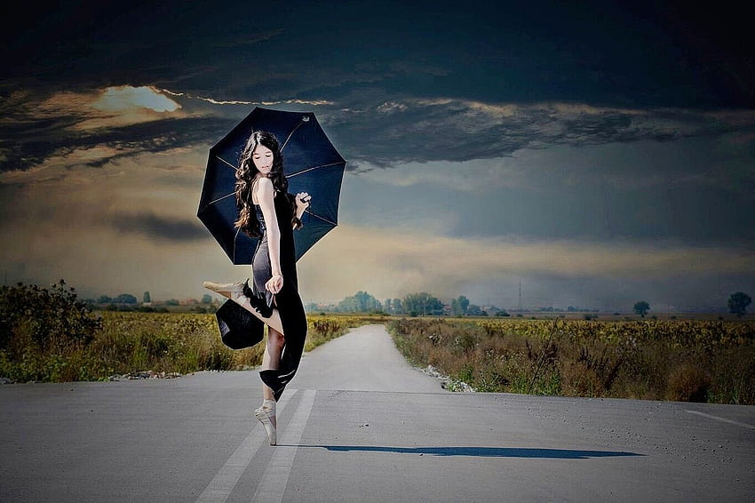 ◆ Little Black Number ◆, Long road, Black dress, Dark clouds, Umbrella, Long hair, Open land, Ballet pointes, Female HD wallpaper