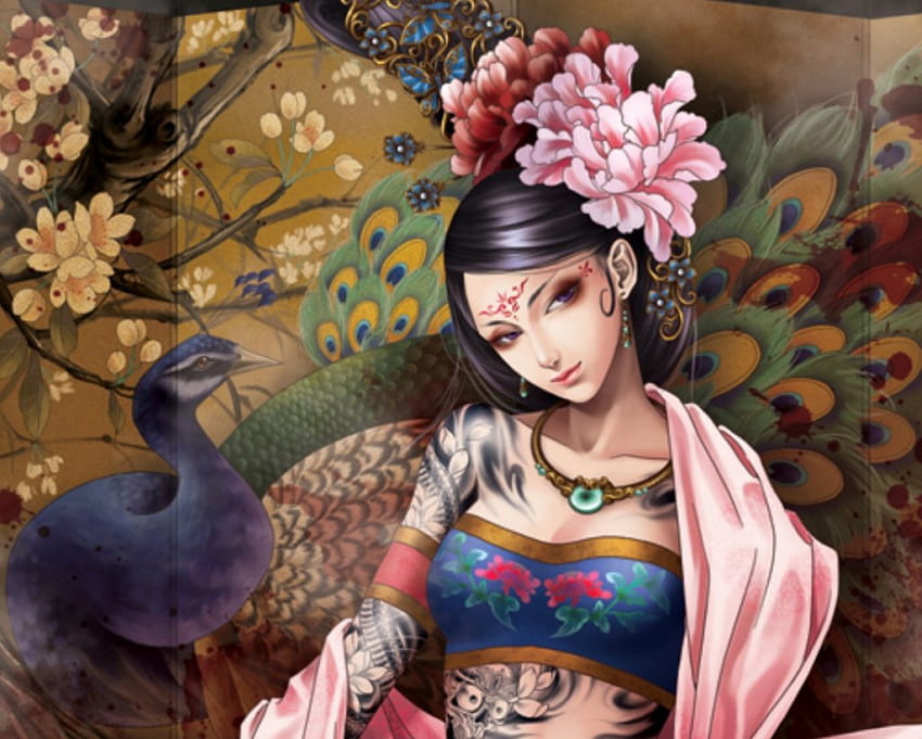 Oriental, sublime, long hair, beauty, nice, lady, flower, fantasy girl, maiden, peacock, sweet, divine, gorgeous, peony, beautiful, black hair, fantasy, pretty, lovely HD wallpaper