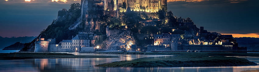 Pulau Mont Saint Michel, Matahari Terbenam, Awan, Kastil, Kastil 3840 X 1080 Wallpaper HD