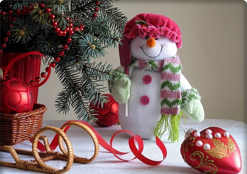 Holidays, New Year, Snowman, Christmas, Branches, Christmas Decorations, Christmas Tree Toys, Sleigh, Sledge HD wallpaper