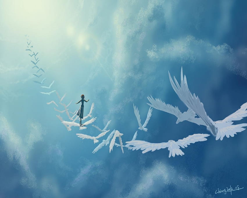 Walking To Heaven, Vögel, Fantasie, Wolken, Himmel, Frau HD-Hintergrundbild