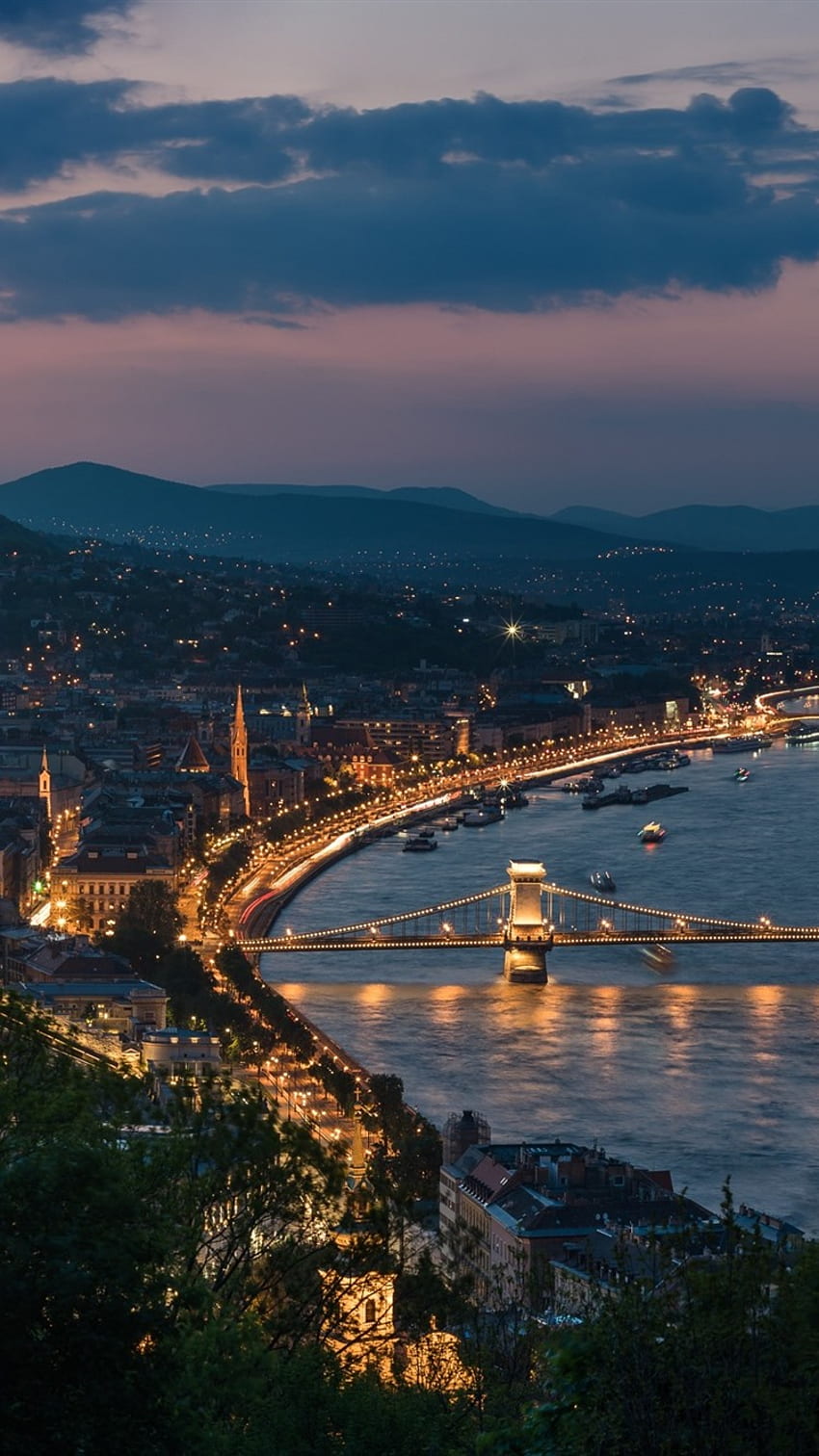 ハンガリー、ブダペスト、街並み、夜、川、橋 iPhone HD電話の壁紙