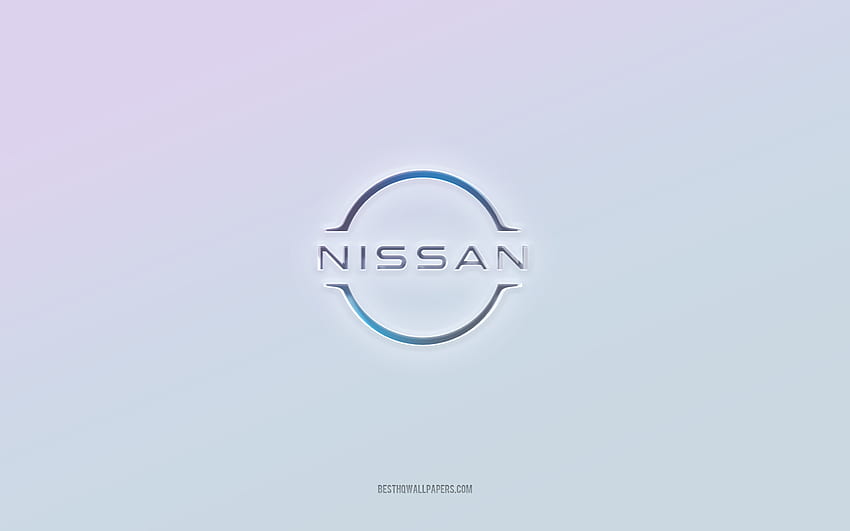 Лого на Nissan, изрязан 3d текст, бял фон, лого на Nissan 3d, емблема на Nissan, Nissan, релефно лого, емблема на Nissan 3d HD тапет