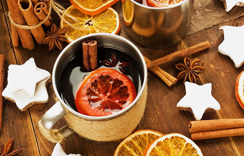 winter, wine, oranges, sticks, New Year, cookies, Christmas, Cup, stars, drink, cinnamon, holidays, spices, star anise, Anis, mulled wine for , section еда HD wallpaper