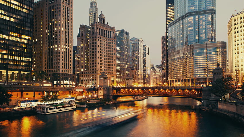 Chicago, gökdelenler, köprü, nehir, tekneler, ışıklar U HD duvar kağıdı