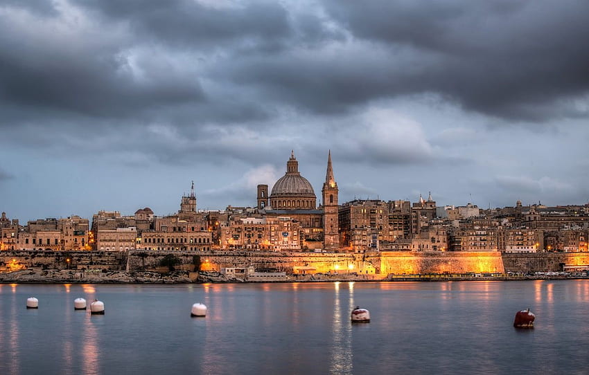 morze, światła, wieża, boje, Malta, Valletta Tapeta HD