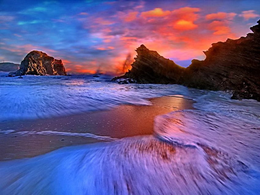 Mar puesta de sol, colorido, costa, colores, salida del sol, playa, orilla, olas, agua, océano, puesta de sol, mar, puesta del sol, hermosa, rocas, verano, púrpura, nubes, naturaleza, cielo fondo de pantalla