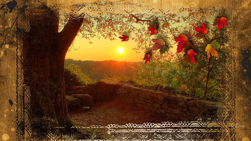 Autumn Country Sunset, rock wall, ranch, firefox Persona theme, country, collage, sunset, tree HD wallpaper