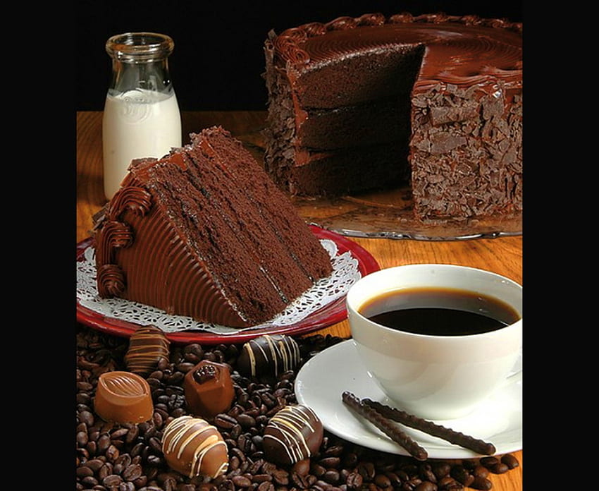 Join me will you?, milk, chocolates, chocolate cake, coffee, cup, cup and saucer HD wallpaper