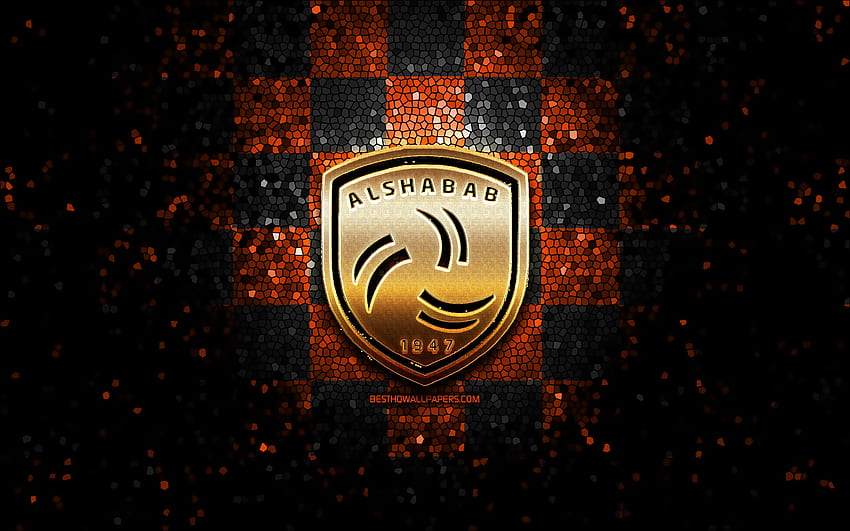 Al-Shabab FC, 반짝이는 로고, 사우디 프로페셔널 리그, 주황색 검정 체크 무늬 배경, 축구, 사우디 축구 클럽, Al Shabab 로고, Al-Ettifaq, 모자이크 아트, 축구, Al Shabab FC HD 월페이퍼