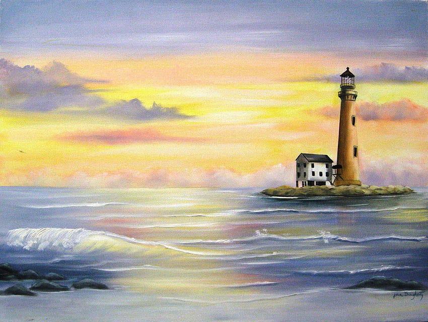 灯台: 砂の島 平和なピンクの波 灯台の色、パステルの空 高画質の壁紙