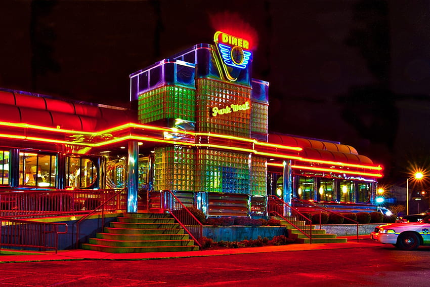 Park West Diner New Jersey, americano, néon, luzes, lanchonete, gráfico, vintage, art déco papel de parede HD