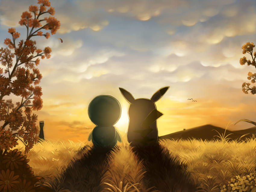 Friendship, shadow, sundown, cute, pikachu, puplup, green, yellow, flowers, pokemon HD wallpaper