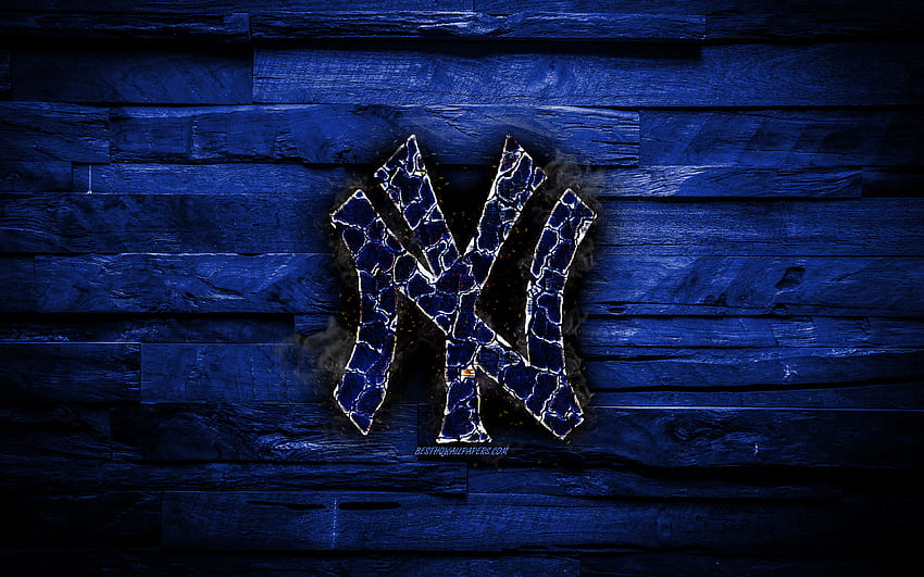 New York Yankees, , scorched logo, MLB, blue wooden background ...