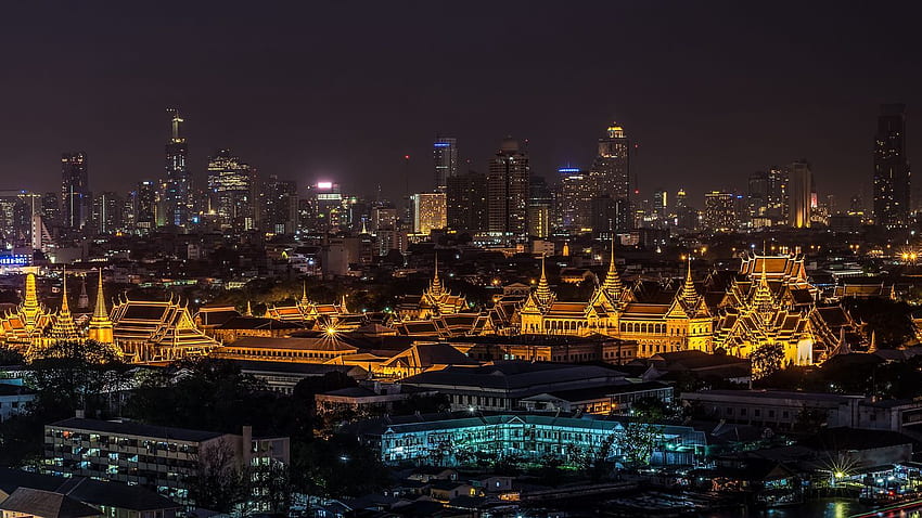 нощен град, дворец, градски светлини, Банкок Тайланд HD тапет