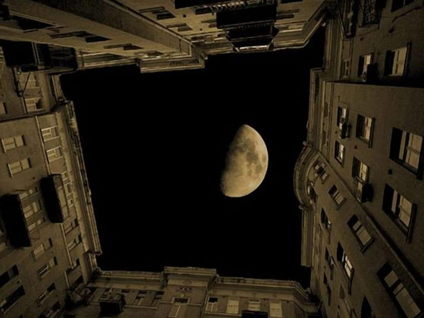 Нагоре, нагоре, нагоре , нагоре, нагоре-Луна, сграда, квадрат, небе HD тапет