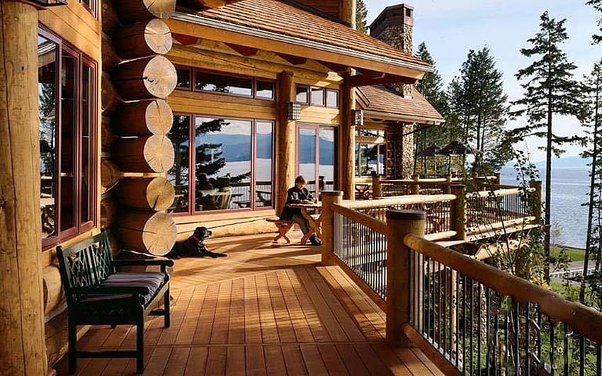 Terrace, house, trees, lake, home HD wallpaper