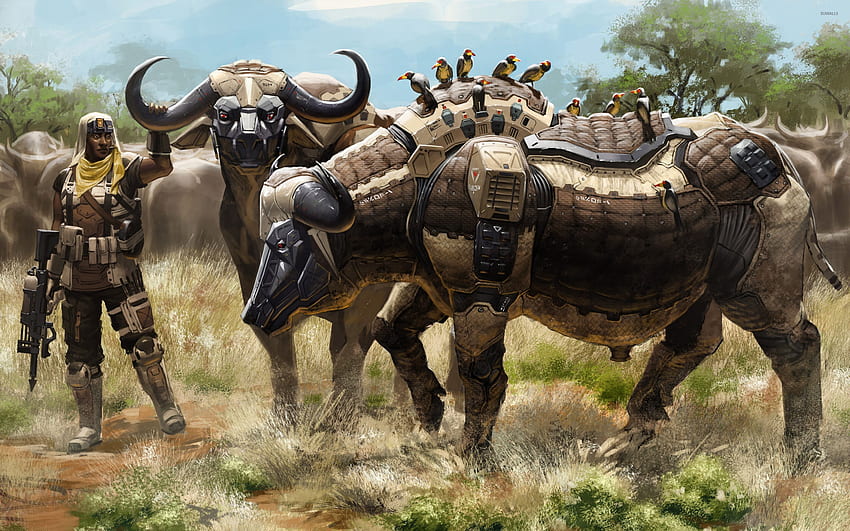 Soldier with robot buffalo herd - Fantasy HD wallpaper