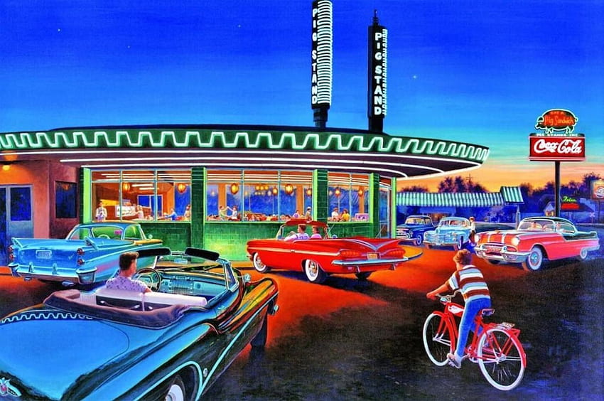 The Pig Stand Diner, fifties, 50s, cars, bar, sandwich HD wallpaper