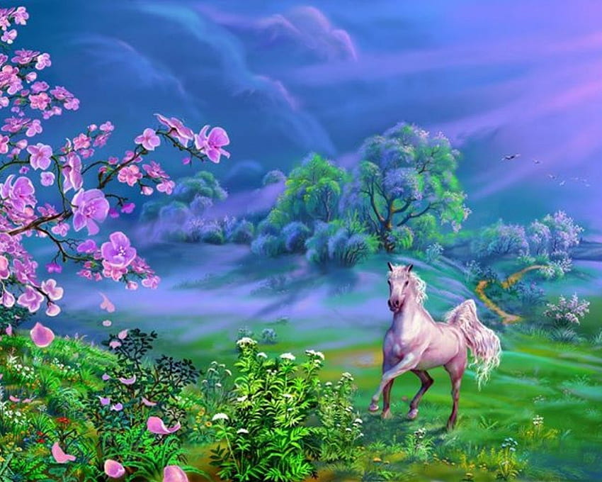 Paradise, pink, hose, landscape, trees, flowers HD wallpaper
