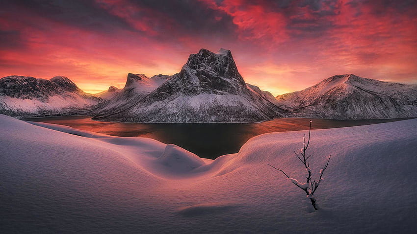Kuzey Kutbu Norveç'teki Senja adasında kış gün doğumu, gökyüzü, tepeler, kar, renkler, manzara, bulutlar HD duvar kağıdı