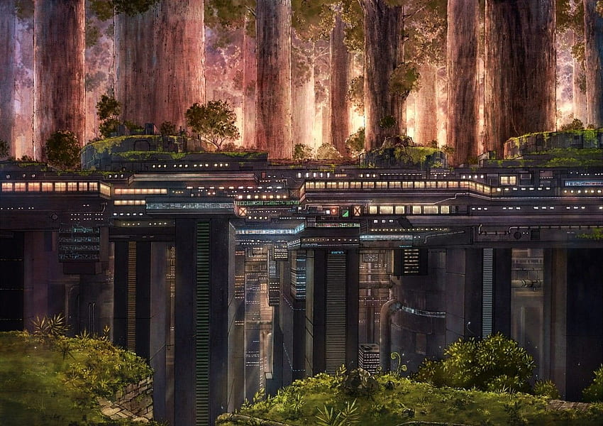 Futurystyczne dzieła sztuki Drzewa Science Fiction Przyszłe leśne miasto - Rozdzielczość: Tapeta HD