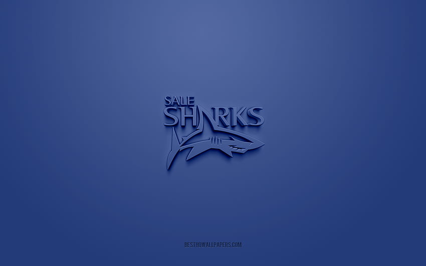 Sale Sharks, kreatywne logo 3D, niebieskie tło, Premiership Rugby, godło 3D, angielski klub rugby, Anglia, sztuka 3D, rugby, logo Sale Sharks 3D Tapeta HD