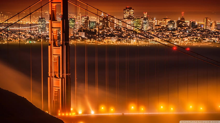 fog over the golden gate bridge, fog, city, lights, bay, bridge HD wallpaper