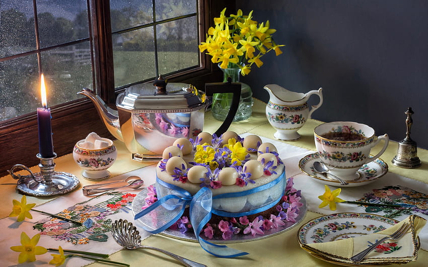 Happy Easter!, blue, sweet, dessert, cake, food, pink, flower, lantern, easter, bow HD wallpaper