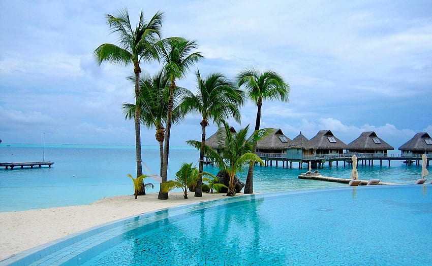 TROPICAL RESORT, palms, summer, pool, nature, resort HD wallpaper