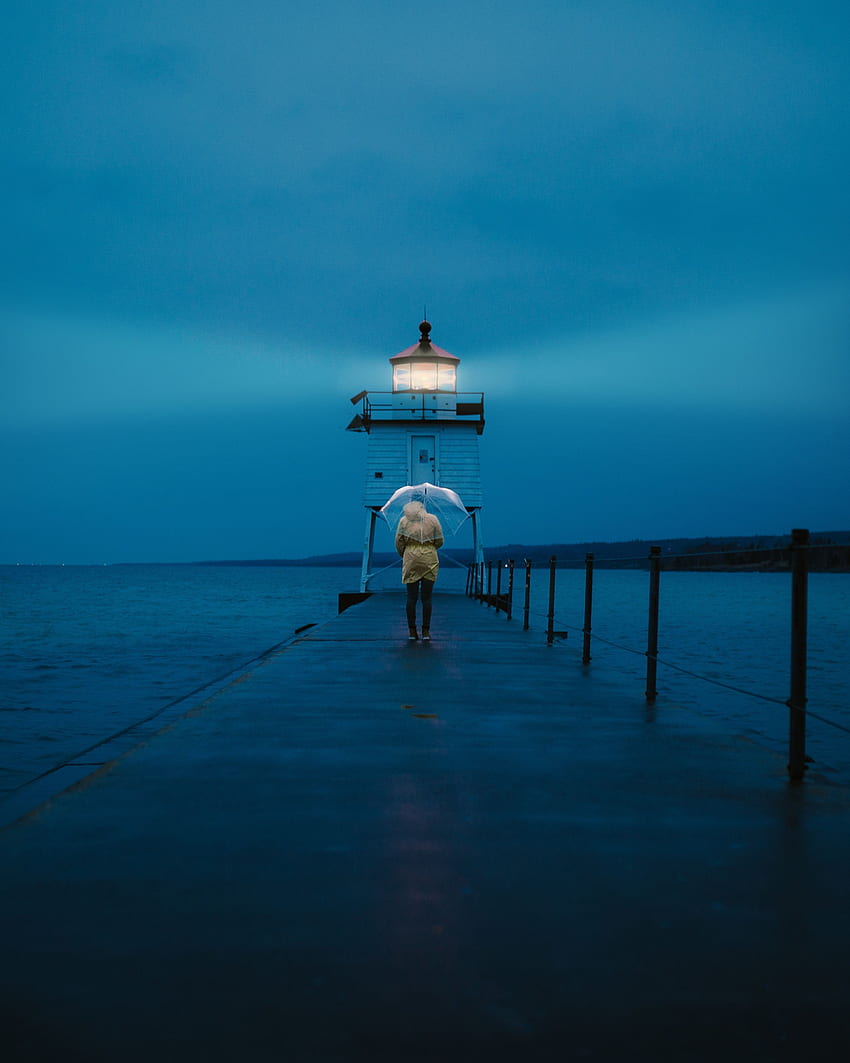 Sea, Twilight, Pier, , , Dusk, Lighthouse, Human, Person, Umbrella HD phone wallpaper