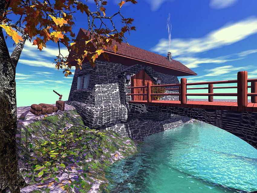 Cottage Wharf, abstrakt, Fantasie, 3d HD-Hintergrundbild