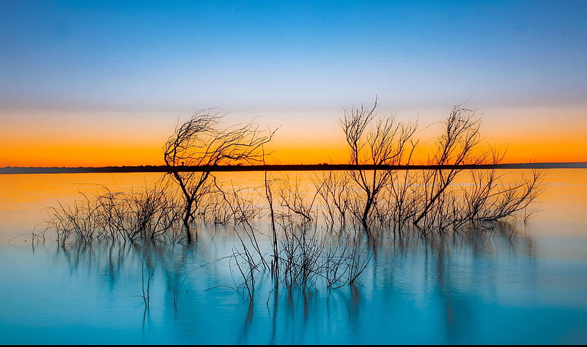 OC] [5677×2455] Залез при езерото Grapevine, Тексас – Dist HD тапет